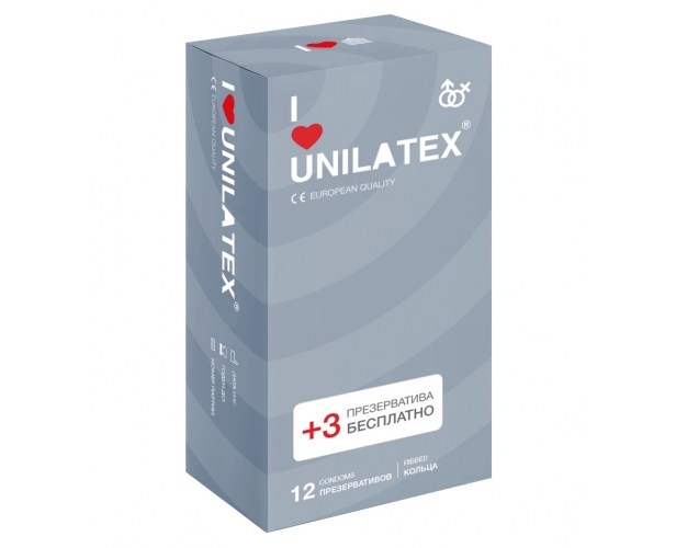 Презервативы Unilatex Ribbed, рифленые 12+3 шт в подарок