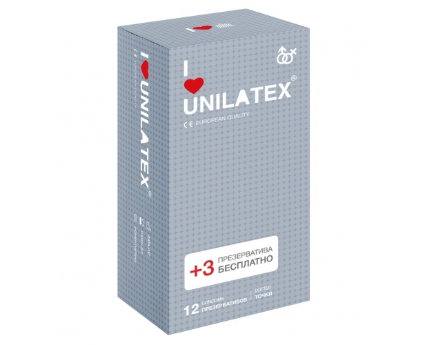 Презервативы Unilatex Dotted с точечной поверхностью -  12+3 шт в подарок