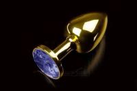 Пикантные штучки - Маленькая золотистая анальная пробка с кристаллом - 7х2.5 см (синий)