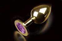 Пикантные штучки - Большая золотистая анальная пробка с ярким кристаллом - 9 см (фиолетовый)