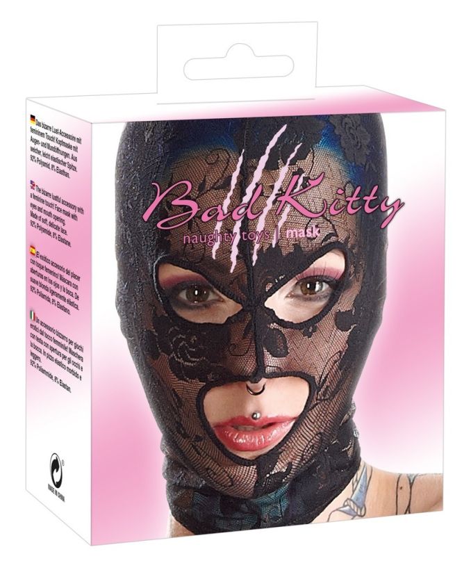 Mask Lace by Bad Kitty - Кружевная маска на голову в отверстиями для глаз и рта (черный)