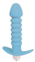 Ребристая анальная втулка с вибрацией и ограничительной ручкой, 11.5 см (голубой)