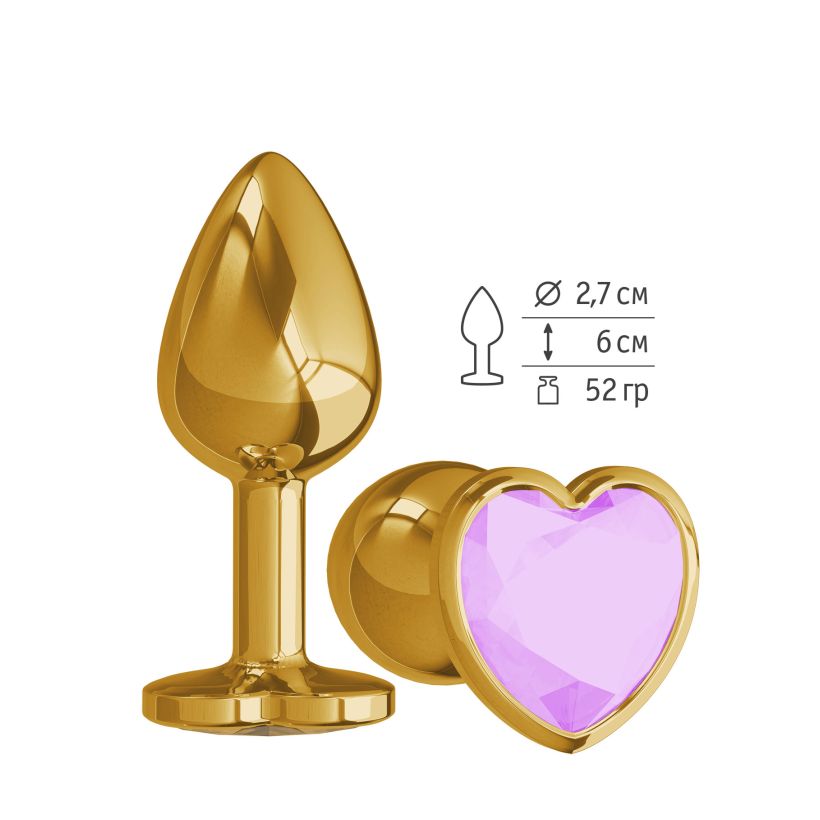 511-13 LILAC-DD / Анальная втулка Gold с сиреневым кристаллом сердце - фото 1