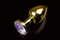 Пикантные штучки - Маленькая золотистая анальная пробка с кристаллом - 7х2.5 см (фиолетовый)