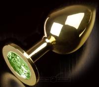 Пикантные штучки - Большая золотистая анальная пробка с ярким кристаллом, 9 см (салатовый)