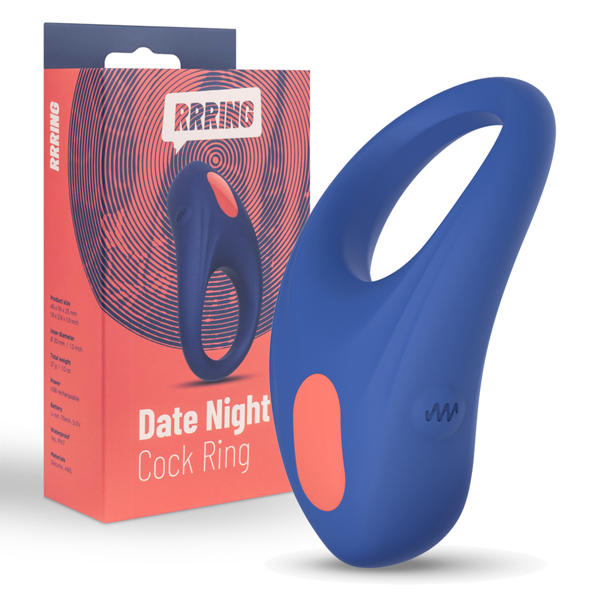 RRRING Date Night Cock Ring - Эрекционное виброкольцо, 7,4 см (синий)