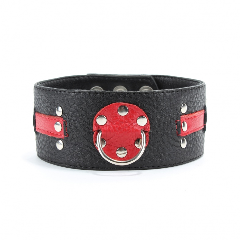 БДСМ Арсенал кожаный ошейник на кнопках, на обхват шеи от 31 до 36 см (чёрный с красным) - фото 1