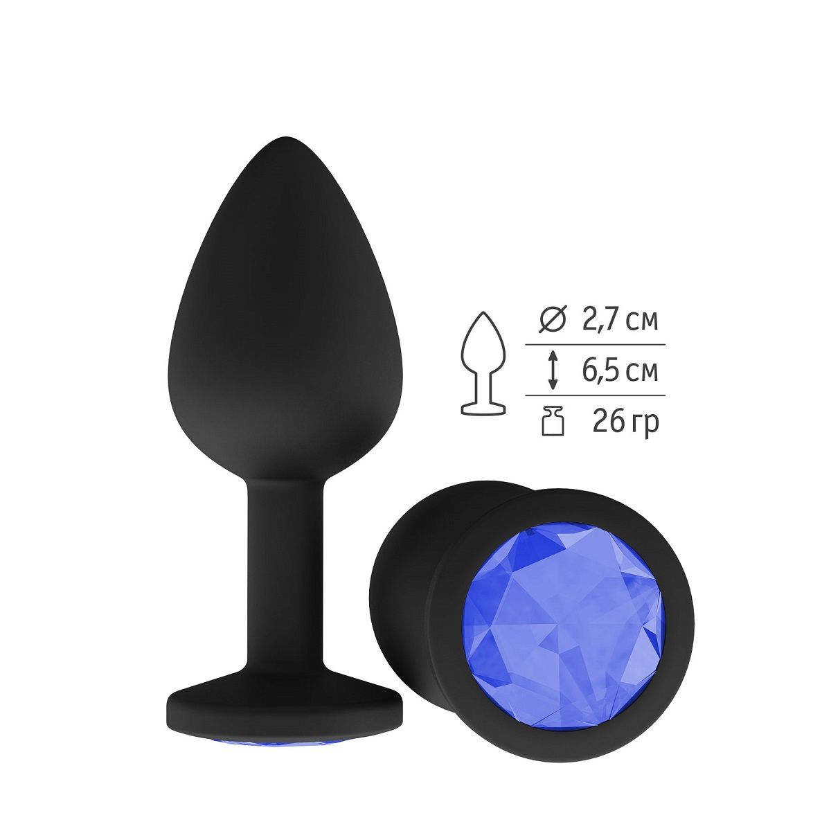 Сумерки Богов - Черная силиконовая анальная пробка с кристаллом, 7.3х2.7 см. (синий) от ero-shop