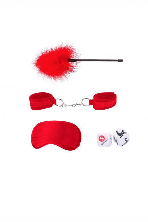 Ouch! Introductory Bondage Kit #2 набор для бондажа: наручники, пуховка, маска и кубики (красный)