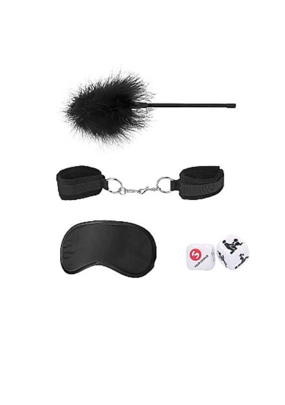 Ouch! Introductory Bondage Kit #2 набор для бондажа: наручники, пуховка, маска и кубики (чёрный)