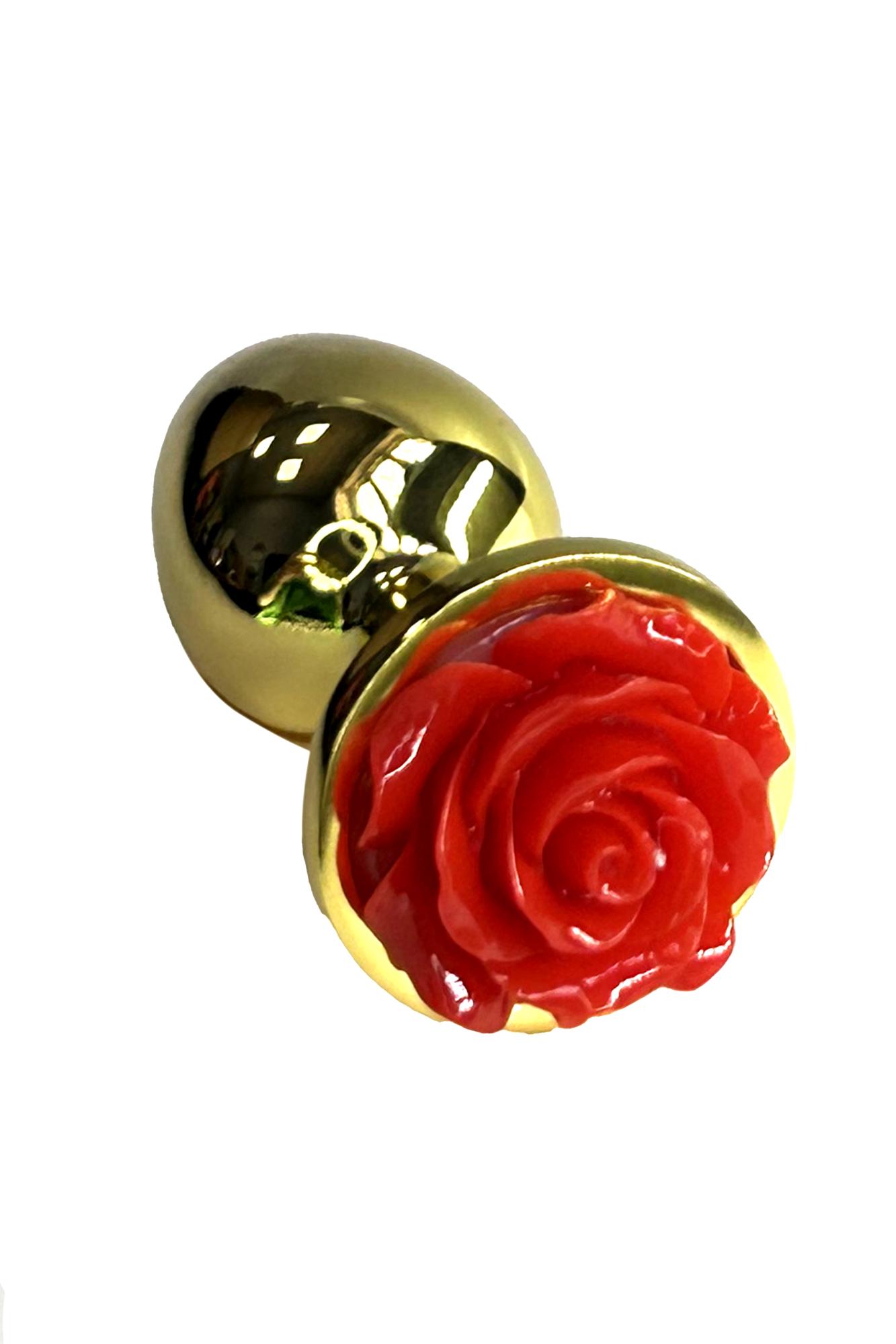 Kanikule - Анальная пробка с ограничителем в форме красной розы, 8 см (золотой) - фото 1