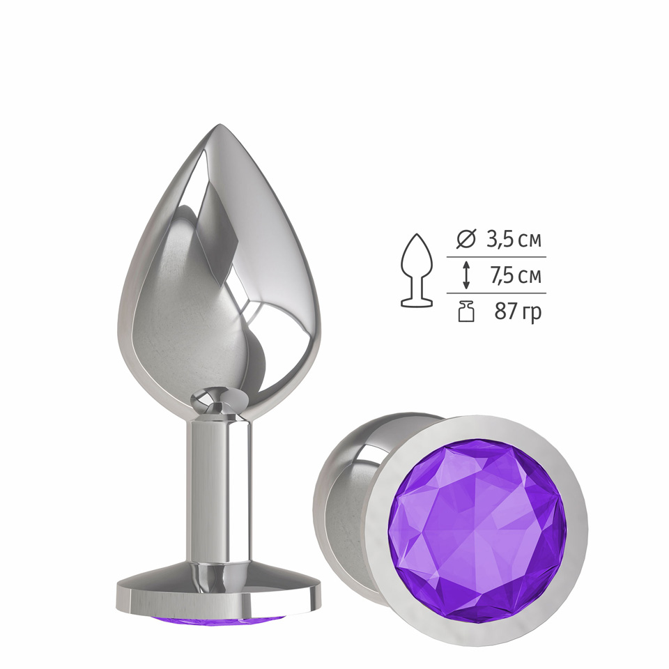 523-08 PURPLE-DD / Анальная втулка Silver с фиолетовым кристаллом средняя - фото 1