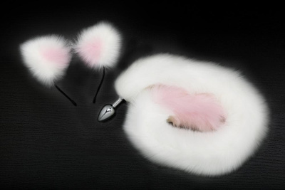 Пикантные штучки - Анальная пробка с хвостиком и ушками 7 см (бело-розовый) 