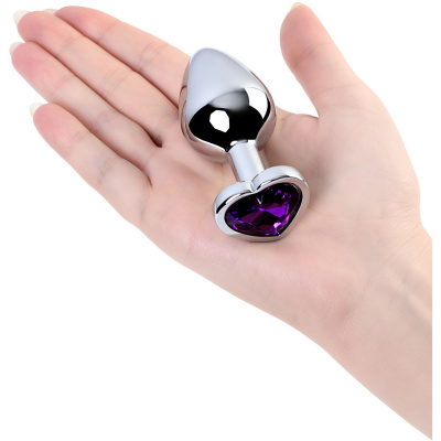 ToyFa Metal - Серебристая анальная пробка с кристаллом в виде сердца в основании, 8х3.4 см (фиолетовый)  