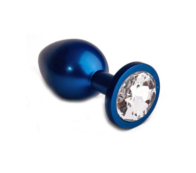 4sexdream маленькая тёмно-синяя металлическая анальная пробка с кристаллом в основании, 7.6х2.8 см (прозрачный) 