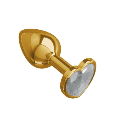 Джага-Джага - Золотистая анальная пробка с кристаллом-сердечком, 7х2.7 см (прозрачный) 