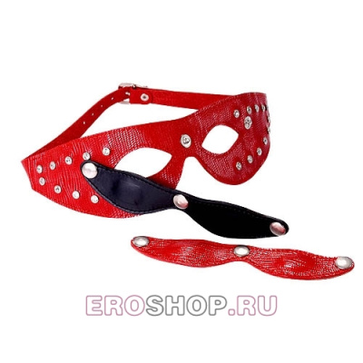 Кожаная БДСМ маска с отстегивающимися шорами (красный)