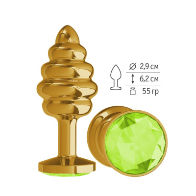  Джага-Джага - Анальная пробка Spiral с салатовым кристаллом, 7 см (золотой) 