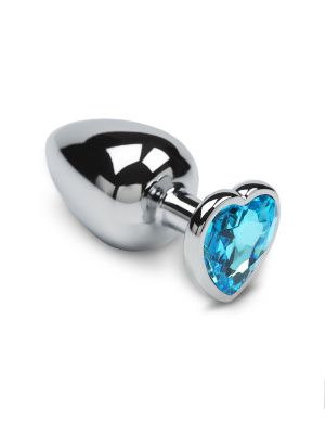 Большая серебристая анальная пробка с кристаллом в виде сердечка - Пикантные Штучки 8,5х4 см (голубой)