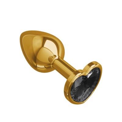 Джага-Джага - Золотистая анальная пробка с кристаллом-сердечком, 7х2.7 см (чёрный) 