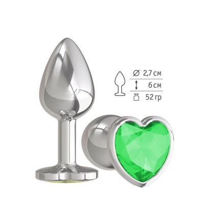 Анальная пробка с зеленым кристаллом сердце, 7 см (серебристый) 