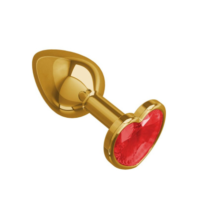 Джага-Джага - Золотистая анальная пробка с кристаллом-сердечком, 7х2.7 см (красный) 