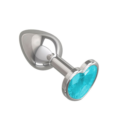 Джага-Джага - Серебристая анальная втулка с кристаллом-сердечком, 7х2.7 см (голубой) 