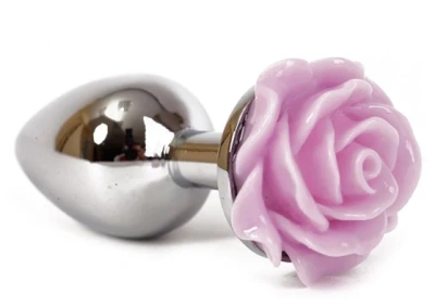 4sexdream маленькая серебристая анальная пробка с розой в основании, 7.6х2.8 см (сиреневый) 