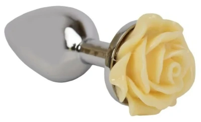 4sexdream маленькая серебристая анальная пробка с розой в основании, 7.6х2.8 см (желтый) 