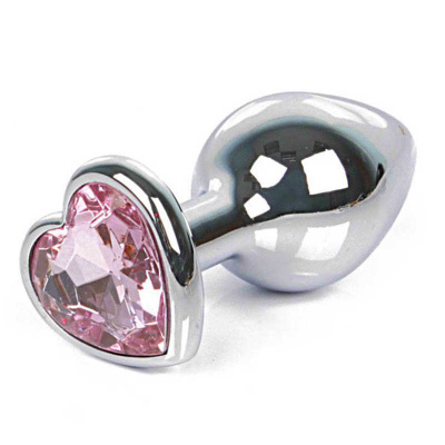 Джага-Джага - Серебристая анальная втулка с кристаллом-сердечком, 7 см (розовый) 