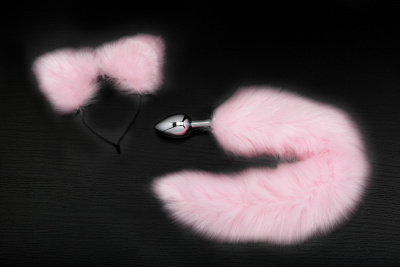 Пикантные штучки - Анальная пробка с хвостиком и ушками 7 см (нежно-розовый) 
