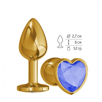 Джага-Джага - Золотистая анальная пробка с кристаллом-сердечком, 7 см (синий) 
