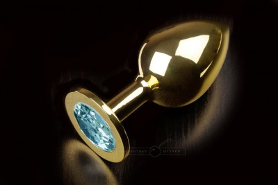 Пикантные штучки - Большая золотистая анальная пробка с ярким кристаллом, 9 см (голубой)