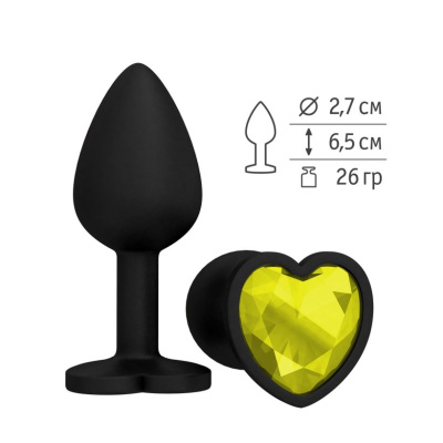 508-11 YELLOW-DD / Анальная втулка силиконовая черная с желтым кристаллом сердце