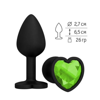 Анальная пробка с салатовым кристаллом сердце, 6,5 см (салатовый) 