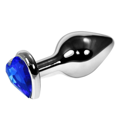Джага-Джага - Серебристая анальная втулка с кристаллом-сердечком, 7 см (синий) 
