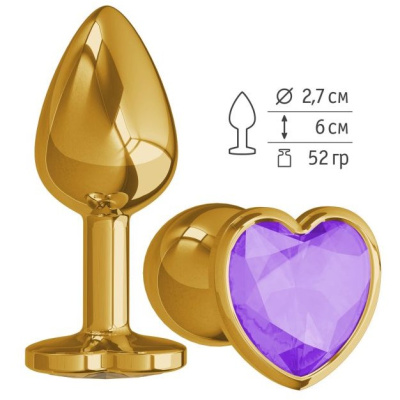 Джага-Джага - Золотистая анальная пробка с кристаллом-сердечком, 7х2.7 см (фиолетовый) 