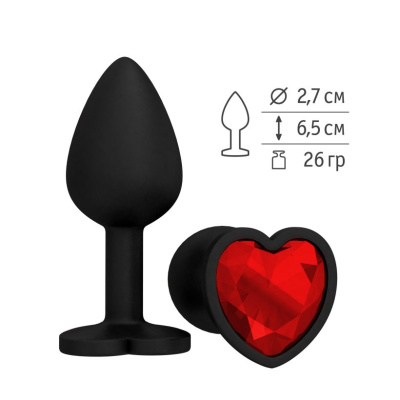 508-04 RED-DD / Анальная втулка силиконовая черная с красным кристаллом сердце
