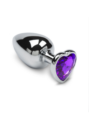 Большая серебристая анальная пробка с кристаллом в виде сердечка - Пикантные Штучки 8,5х4 см (фиолетовый)