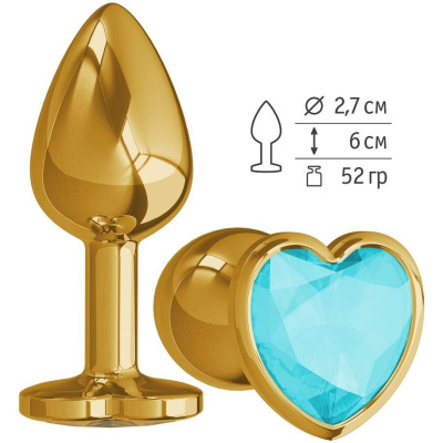 Джага-Джага - Золотистая анальная пробка с кристаллом-сердечком, 7х2.7 см (голубой) 