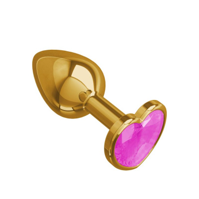 Джага-Джага - Золотистая анальная пробка с кристаллом-сердечком, 7х2.7 см (розовый) 