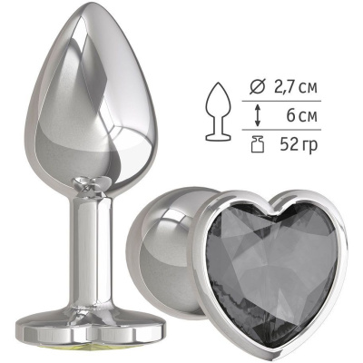 Джага-Джага - Серебристая анальная втулка с кристаллом-сердечком, 7х2.7 см (чёрный) 