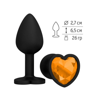 Анальная пробка с оранжевым кристаллом сердце, 6,5 см (черный) 