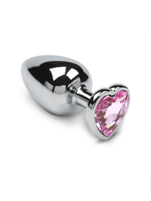 Большая серебристая анальная пробка с кристаллом в виде сердечка - Пикантные Штучки 8,5х4 см (розовый)