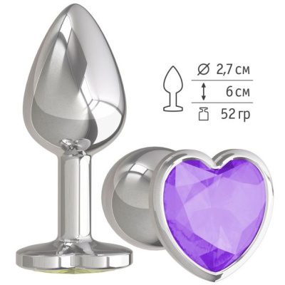 Джага-Джага - Серебристая анальная втулка с кристаллом-сердечком, 7х2.7 см (фиолетовый) 