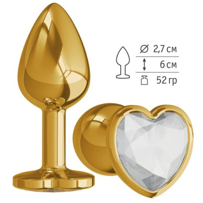 Джага-Джага - Золотистая анальная пробка с кристаллом-сердечком, 7х2.7 см (прозрачный) 