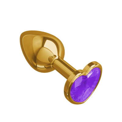 Джага-Джага - Золотистая анальная пробка с кристаллом-сердечком, 7х2.7 см (фиолетовый) 