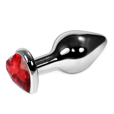 Серебристая анальная втулка с кристаллом-сердечком, 7 см (красный) 