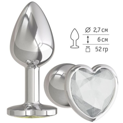 Джага-Джага - Серебристая анальная втулка с кристаллом-сердечком, 7х2.7 см (прозрачный) 