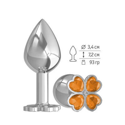 529-10 ORANGE-DD / Средняя анальная втулка Silver Клевер с оранжевым кристаллом
